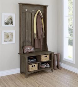 Modern Entryway Hall Tree w/ Bench & Storage – Ash Brown – Excellent Condition