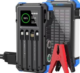 Solar Portable Jump Starter- Fast Charging with 4 Built-in Cables & Car Battery Jumper Starter-12V Battery Booster Pack with Smart Display Up to 10.0L