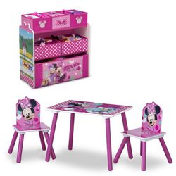 Minnie Mouse 4-Piece Wood Toddler Playroom Set – Includes Table, 2 Chairs & Toy Bin,