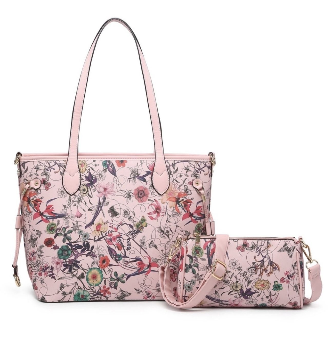 Chic Floral Pink Tote and Crossbody Bag Set