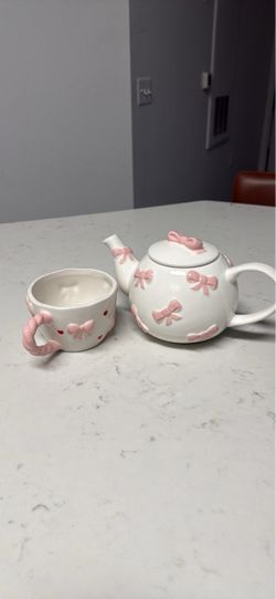 White Ceramic Teapot and Cup Set with Pink Bows