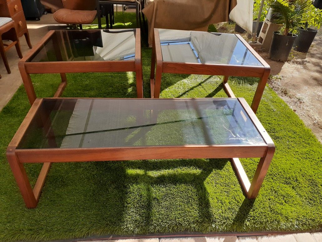 Vintage sled wood with glass top coffee table and side table tables set