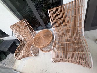 Sculptural Rattan/Wicker Lounge Chair Set + Table