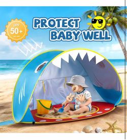 R3） Baby Beach Tent Pop Up Sun Shade Portable UV Shelter Shark shark design pop up beach tent, portable UV protection sun shade, rear mesh ventilation