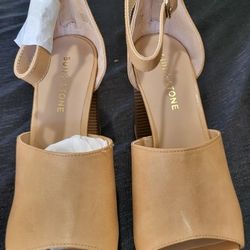 SUN STONE Womens Maisiee Faux Leather Open Toe Heels Tan 9m