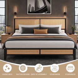 King Size Rattan Bed Frame with Headboard, Boho Metal Platform Bed.