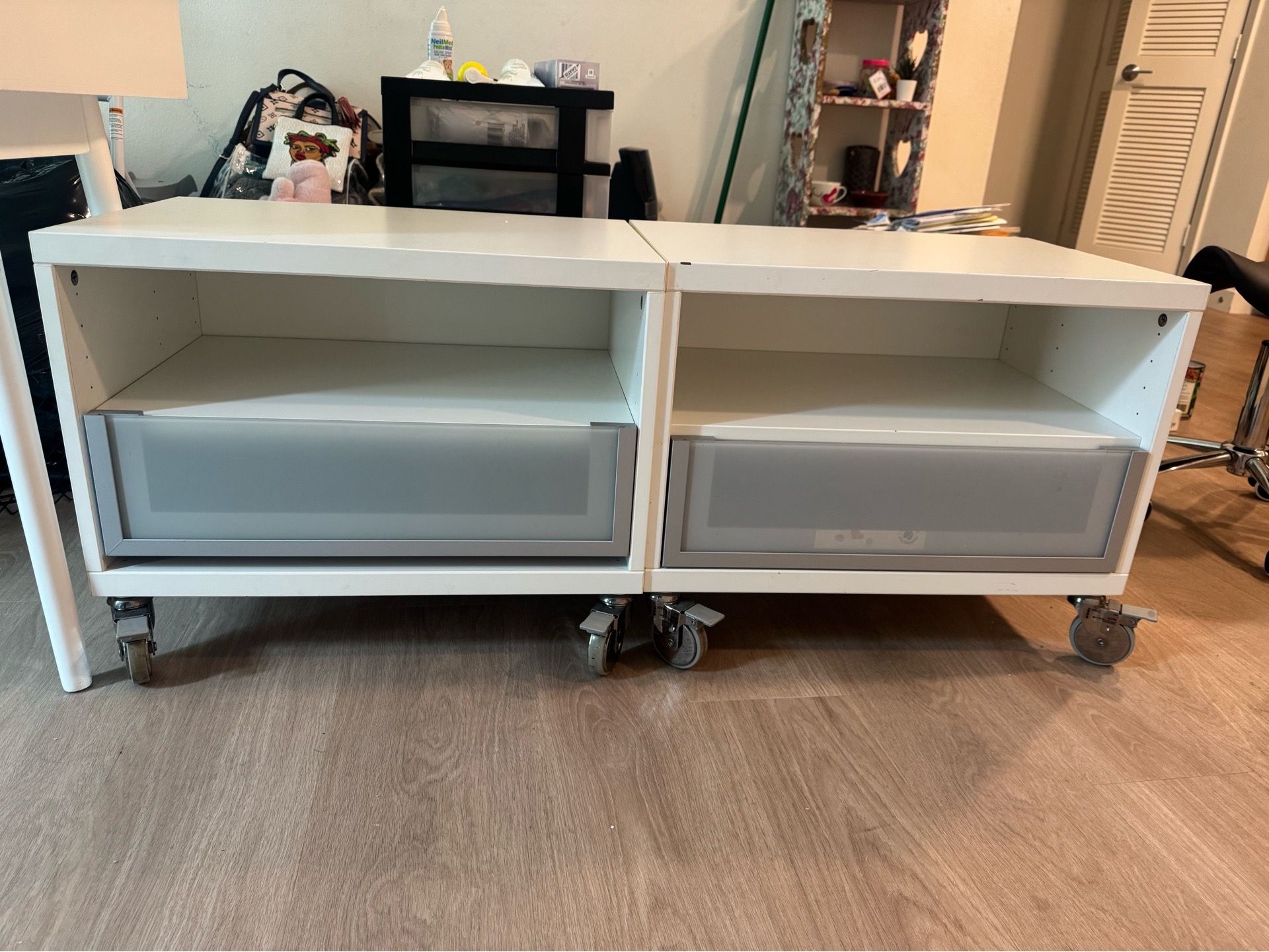 Set of 2 IKEA BESTÅ Rolling Storage Units – Modern White & Glass Drawers – Heavy Duty Casters – MUST