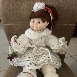 Vtg Card & Candle Sweet Love Kids Doll Crocheted Body Dress Ribbons, Faux Flower