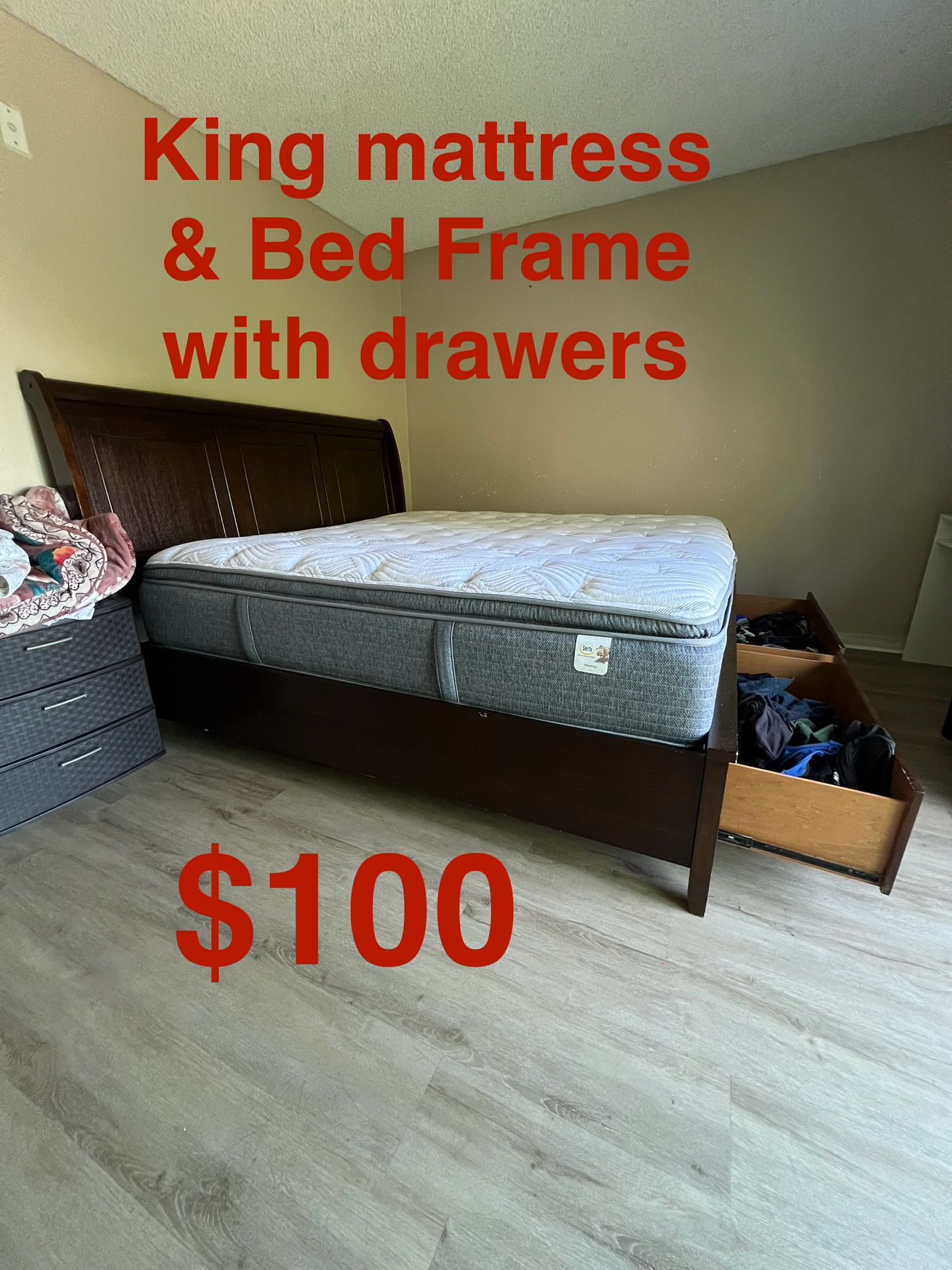 King Bed Mattress Bed Frame with drawers Storage Brown Wood King Size Sized