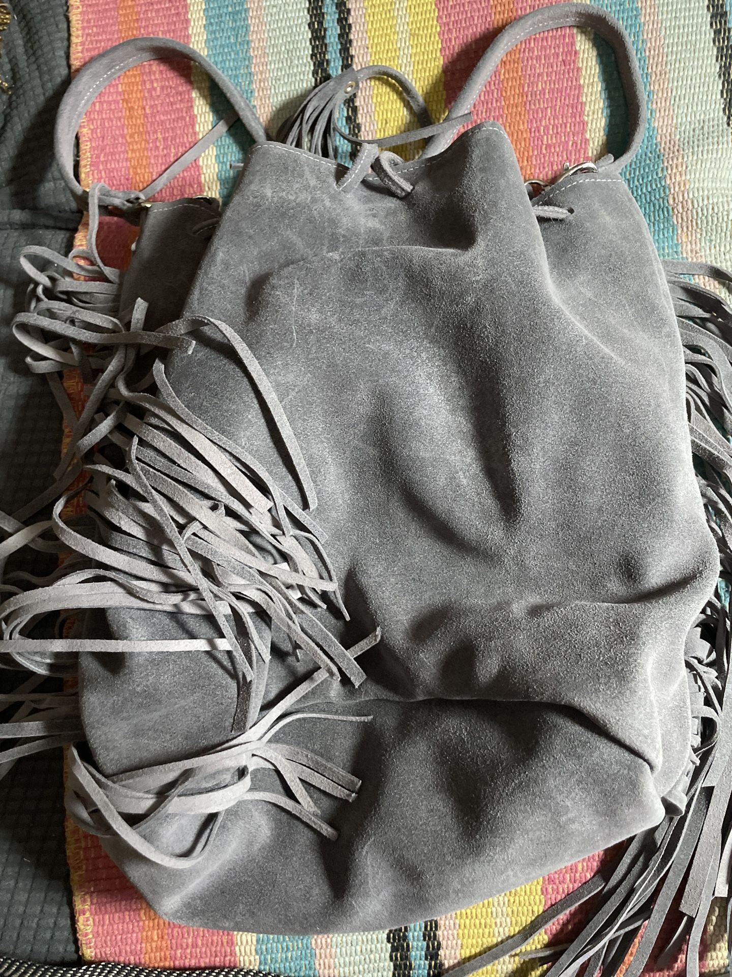 Meital Lev Gray Suede Fringe Bucket Bag Long & Short Strap Handmade Boho Purse