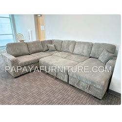 New! Large Sectional Sofa Bed, Plush Sectional Sofa Bed, Sleeper Sofa, Couch, Sectional, Grey Sectional Couch, Gray Sofa Bed,Corduroy Sleeper Sofa Bed