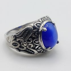 Size 9 Simulated Retro Style Blue Gemstone 925 Silver Ring For Women and Men