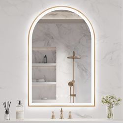 LED Bathroom Mirror 20"x30", Brass Gold Bathroom Mirror with Lights-Anti-Fog, Dimmable-LED Mirror for Bathroom,3 Colors