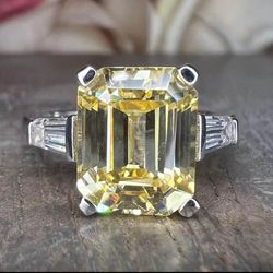 ✅Yellow Emerald Cut Baguettes Engagement Ring 925 Sterling silver Unique Three Stone Emerald Cut Wedding Promise Anniversary Ring For Women Size 6,7,8