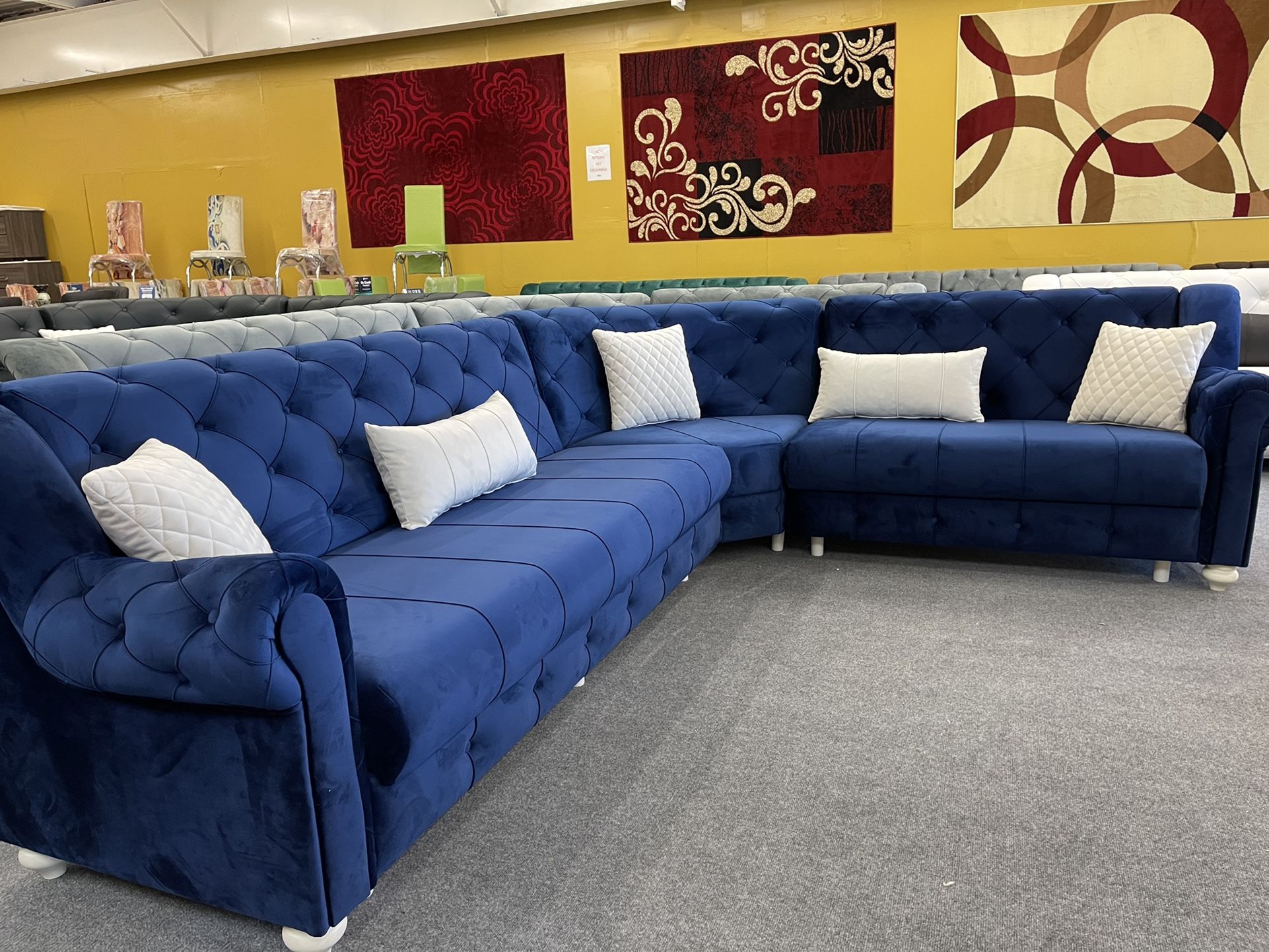 New In The Box π¦ Blue Velvet Living Room Sectional Sleeper - Delivery And Financing Available