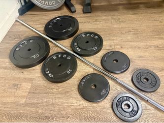 BRAND NEW:  7 ft Standard Bar With VINTAGE Cast Iron Weight Plates: 50s,25s, 10s,  And 5s. (Total: 205 lbs)