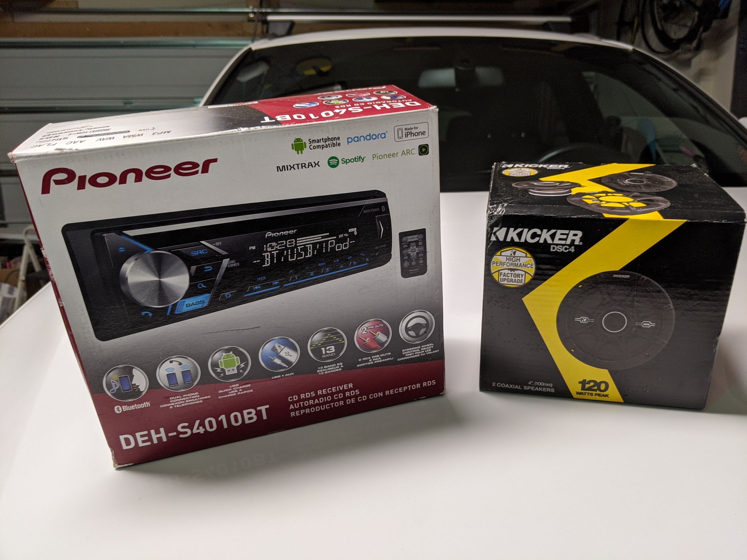 Pioneer Single DIN DEH-S4010BT Stereo and Kicker DSC4 Speakers