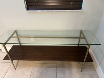 West Elm Glass & Walnut Console Table – Antique Brass