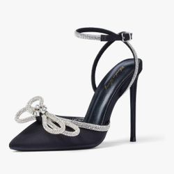 Elisabet Tang Women's High Heel Pumps,Satin Rhinestone Bowknot Lace Up Sandals Pointed Toe Ankle Buckle Straps Pump Stiletto Sandals