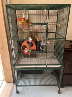 Large Green Wire Bird Cage on Wheels