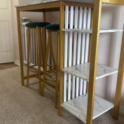 DKLGG 3-Piece Bar Table Set with 3-Tier Storage Shelves, Modern Kitchen Dining Table and Chairs, Counter Height Bar/Pub Table with 2 Stools for Small 