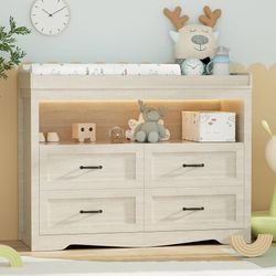 Baby Changing Table with Changing Table Top for Infants Nursery Dresser Chest with 4 Drawers Storage Changing Station Dresser with LED Light Diaper Ch