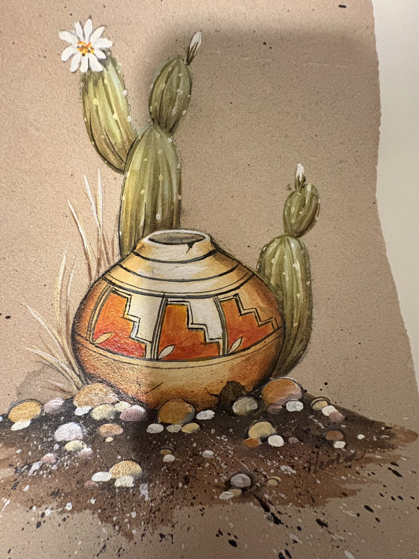 Original Southwestern Painting on Stone Pottery & Cactus