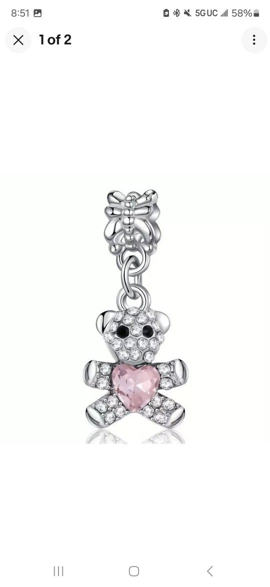 x1 Silver Bear With Pink Stone Pendant DIY Jewelry New