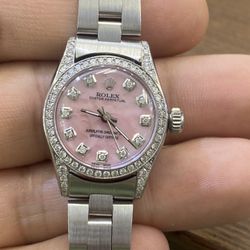 Ladies Rolex Pink Pearl Full Diamond Box Papers Buy Sale Trade