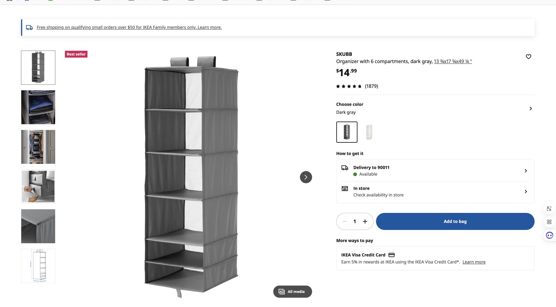 IKEA Hanging Organizer, 6 Compartments – Dark Gray
