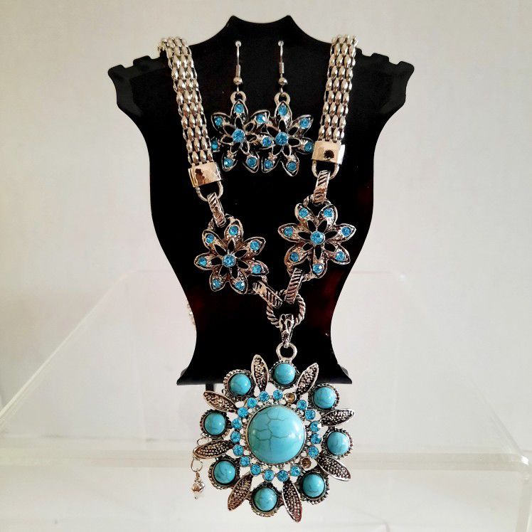 New Golden Tone Necklace And Earring Set Blue Turquoise Stone