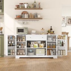 54.3"W Kitchen Sideboard Cabinet with Drawer, 4 Door Buffet Storage Cabinet with Adjustable Shelves, White