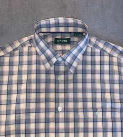 Orvis Mens Size Large Shirt Tartan Tattersall Plaid Beige Blue Red Long Sleeve