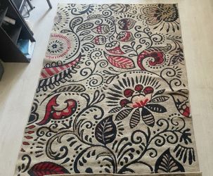 Floral Area Rug Black Red Beige