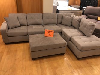 Grey Fabric Sectional Sofa with Ottoman