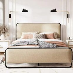 JHHL007 Queen Size Platform Bed Frame, Upholstered Bed with Fabric Curved Headboard & Footboard, No Box Spring Needed, 1000 LBS Capacity, Beige