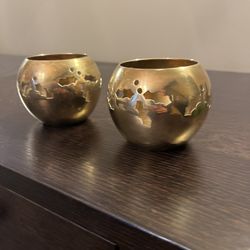 Pair Vintage Brass TeaLight Holders Christmas Holly Berries Cutouts