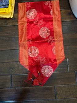 Red Chinese Brocade Table Runner with Tassels