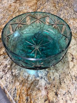 Teal Cut Glass Decorative Bowl