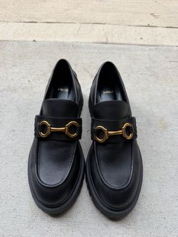 Mango MNG Black Platform Loafers with Gold Horsebit size 7.5