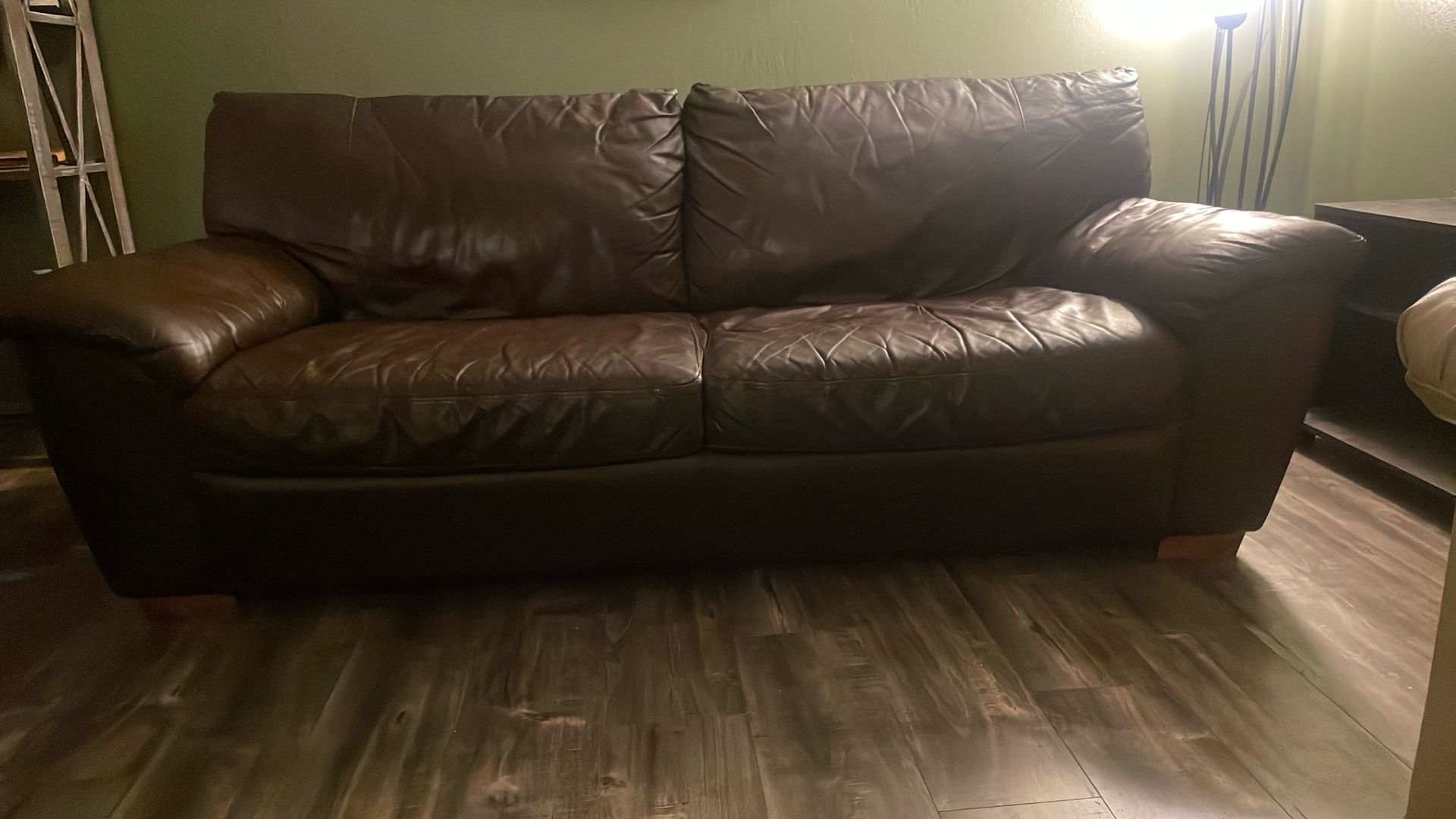 Brown Faux Leather Sofa – 81” – Clean & Comfy – Great for Garage / Game Room – Delivery Available