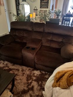 Brown Microfiber Reclining Loveseat with Console