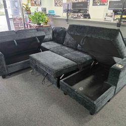 🔥 Brand New Grey U-Shaped Sectional Sofa with Pull-Out Sleeper Bed | 2 Storage Compartments | Cup Holders | USB Charging Ports | Pay After 🚚 