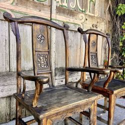 Chinese 19th Century Qing Dynasty Yoke Back Armchairs With Carved Medallions- Set of 2