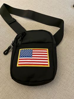 Crossbody Black nylon security pouch w/embroidered USA Flag Sewn On