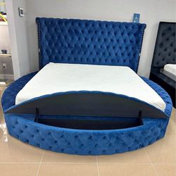Delilah Queen Size Blue Round Bedframe With Storage Home Decor Outdoor 