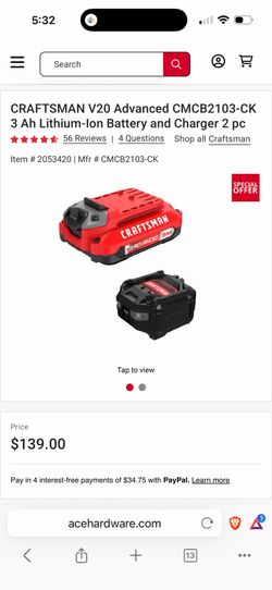 CRAFTSMAN V20 Advanced CMCB2103-CK 3 Ah Lithium-Ion Battery and Charger 2 pc