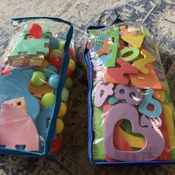 Kids, miscellaneous foam pieces, letters, numbers, and shapes