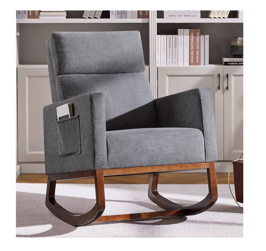 Polyester Upholstered Rocking Chair with Rubber Wood Legs for Living Rooms, Gray