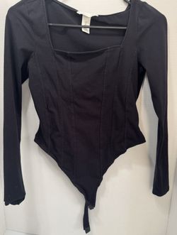 Black Corset Style Bodysuit Long Sleeve Square Neck Fitted Top Women’s